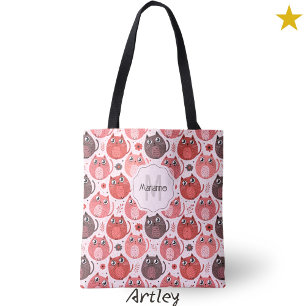Mooie Roze Paarse Kat Stip Naam Monogram Tote Bag
