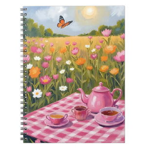 Mooie Roze Picknick   Bloemenveld Thee Vlinder Notitieboek