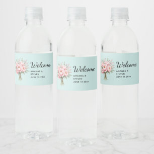 Mooie Roze Pioen Bloemenboeket Bruiloft Verwelkomi Waterfles Etiket