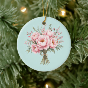 Mooie Roze Pioen Bloemenboeket Keramisch Ornament