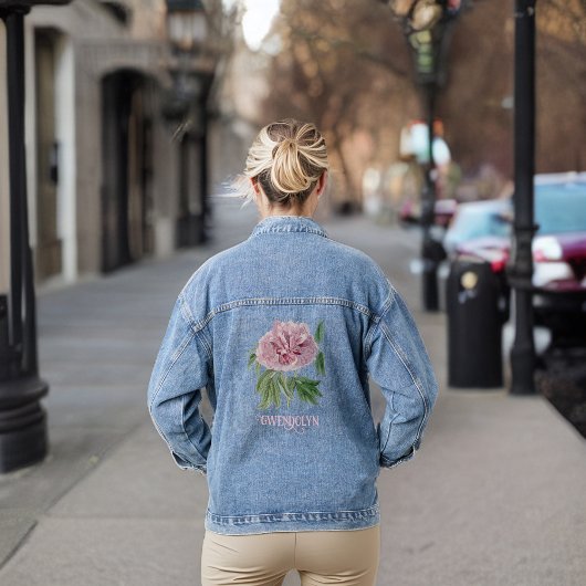 Mooie  Roze Pioen en Monogram Naam Denim Jacket