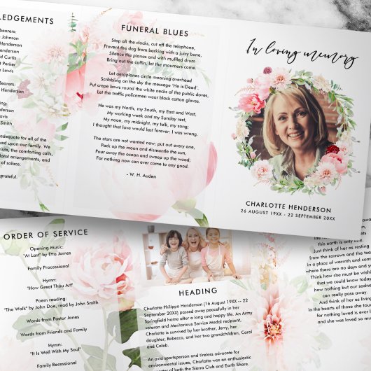 Mooie Roze Pioenrozen 6 pagina's Trifold rouwprogr Drieluik Programma