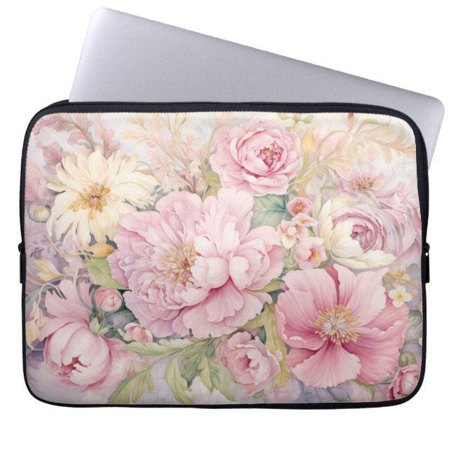 Mooie roze pioenrozen waterverf.  laptop sleeve (Voorkant)