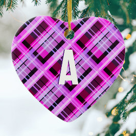 Mooie Roze Plaid Moderne Tartan Monogram Kerstmis Keramisch Ornament
