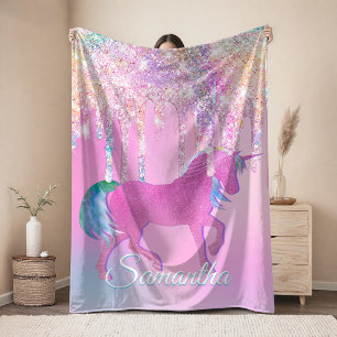 Mooie roze regenboog eenhoorn Glitter Drips monogr Fleece Deken