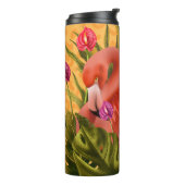 Mooie roze reigers met tropische bladeren thermosbeker (Gedraaid links)