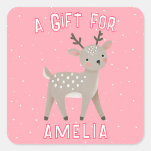 Mooie Roze Rendier Kindernaam Kerstcadeau Vierkante Sticker