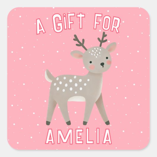 Mooie Roze Rendier Kindernaam Kerstcadeau Vierkante Sticker (Voorkant)