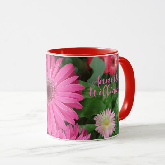 MOOIE ROZE RODE GERBERA BLOEMEN EN BLOEMNAAM MOK (Voorkant rechts)