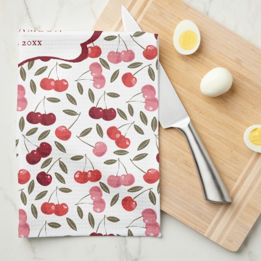 Mooie Roze & Rode Kersen Patroon | Monogram Thee Theedoek (Quarter Fold)