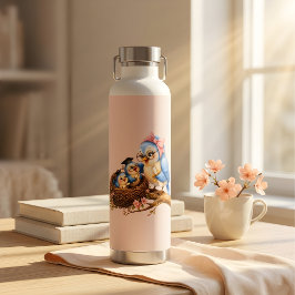 Mooie roze roestvrijstalen waterfles met vogel