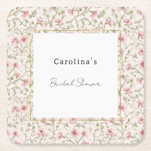 Mooie Roze Romantische Bloemrijke Bruidsuitnodigin Kartonnen Onderzetters (Voorkant)