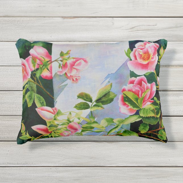Mooie roze rood witte rozen waterverf bloemenmolen buitenkussen (Voorkant)