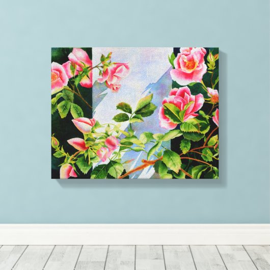 Mooie roze rood witte rozen waterverf bloemenmolen canvas afdruk (Insitu (Houten vloer))