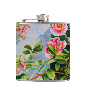 Mooie roze rood witte rozen waterverf bloemenmolen heupfles