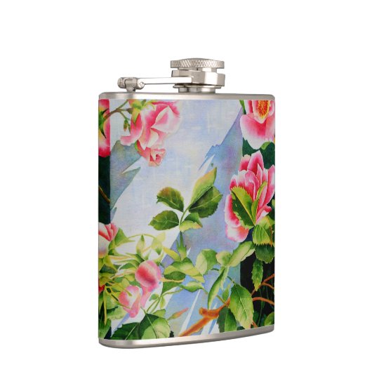 Mooie roze rood witte rozen waterverf bloemenmolen heupfles (Rechts)