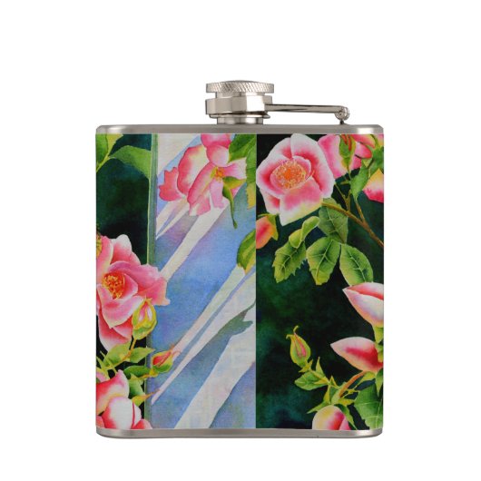 Mooie roze rood witte rozen waterverf bloemenmolen heupfles (Achterkant)