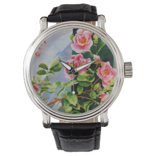 Mooie roze rood witte rozen waterverf bloemenmolen horloge