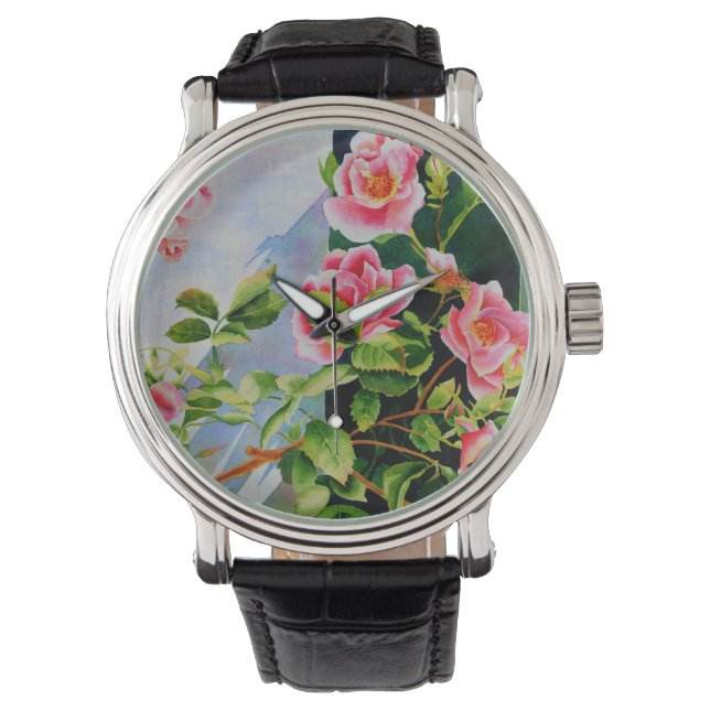 Mooie roze rood witte rozen waterverf bloemenmolen horloge (Voorkant)