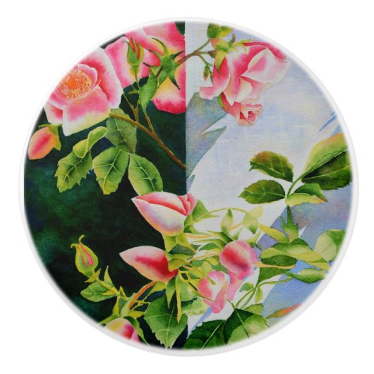 Mooie roze rood witte rozen waterverf bloemenmolen keramische knop (Voorkant)