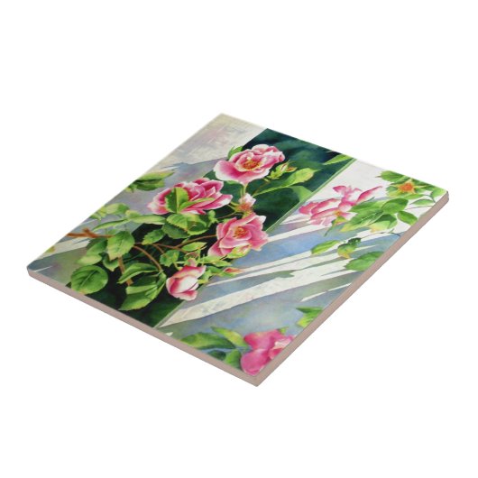 Mooie roze rood witte rozen waterverf bloemenmolen tegeltje (Zijkant)