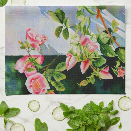 Mooie roze rood witte rozen waterverf bloemenmolen theedoek (Gevouwen)