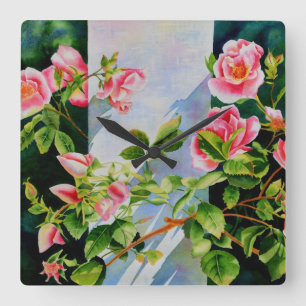 Mooie roze rood witte rozen waterverf bloemenmolen vierkante klok