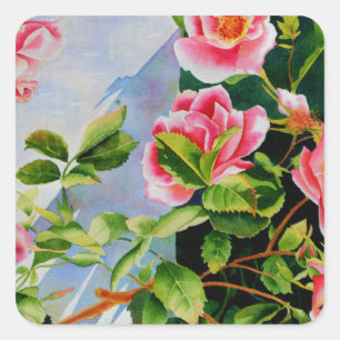 Mooie roze rood witte rozen waterverf bloemenmolen vierkante sticker