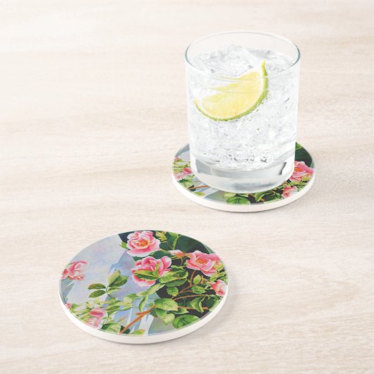 Mooie roze rood witte rozen waterverf bloemenmolen zandsteen onderzetter (Zijkant)