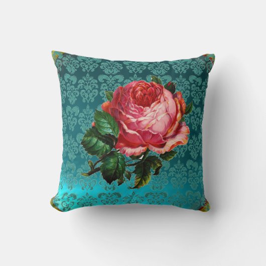 MOOIE ROZE ROOS AQUA BLAUW, BLAUWGROEN DAMASK KUSSEN (Voorkant)
