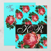 MOOIE ROZE ROOS AQUA BLAUW TEAL BLOEMEN MONOGRAM KAART (Voorkant / Achterkant)