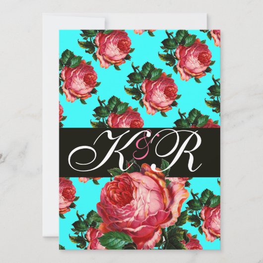 MOOIE ROZE ROOS AQUA BLAUW TEAL BLOEMEN MONOGRAM KAART (Voorkant)