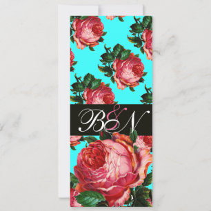 MOOIE ROZE ROOS AQUA BLAUW TEAL BLOMEMONOGRAM KAART