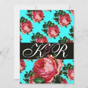 MOOIE ROZE ROOS AQUA BLAUW TEAL BLOMEMONOGRAM KAART