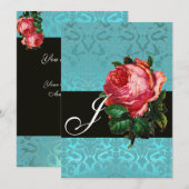 MOOIE ROZE ROOS  BLAUW ZWART DAMAST MONOGRAM KAART (Voorkant / Achterkant)
