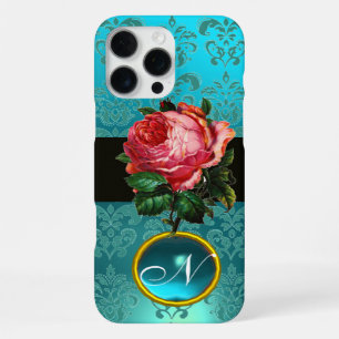 MOOIE ROZE ROOS BLAUWE TEAL DAMAST EDELE STEEN MON iPhone 16 PRO MAX HOESJE