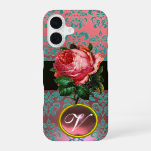 MOOIE ROZE ROOS BLAUWE TEAL DAMAST EDELSTEEN MONOG iPhone 16 HOESJE