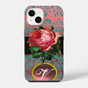 MOOIE ROZE ROOS BLAUWE TEAL DAMAST EDELSTEEN MONOG iPhone 14 HOESJE
