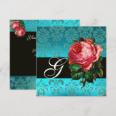 MOOIE ROZE ROOS BLAUWE ZWARTE DAMAST MONOGRAM KAART (Voorkant / Achterkant)