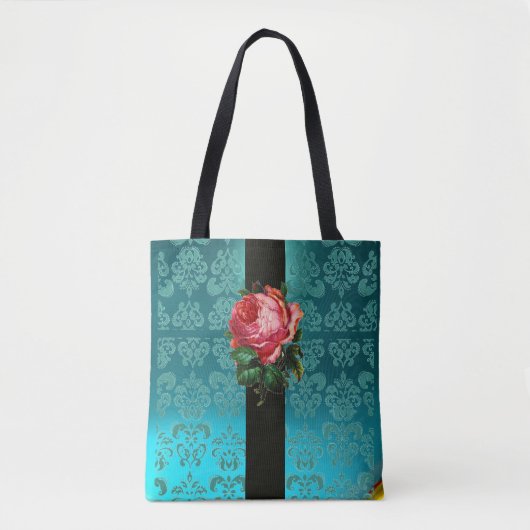 MOOIE ROZE ROOS BLAUWGROEN AQUA BLAUW ZWART DAMASK TOTE BAG (Voorkant)