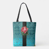 MOOIE ROZE ROOS BLAUWGROEN AQUA BLAUW ZWART DAMASK TOTE BAG (Achterkant)