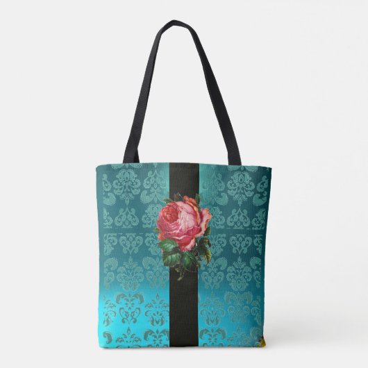 MOOIE ROZE ROOS BLAUWGROEN AQUA BLAUW ZWART DAMASK TOTE BAG (Achterkant)