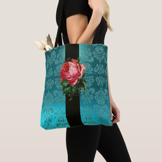MOOIE ROZE ROOS BLAUWGROEN AQUA BLAUW ZWART DAMASK TOTE BAG (Dichtbij)