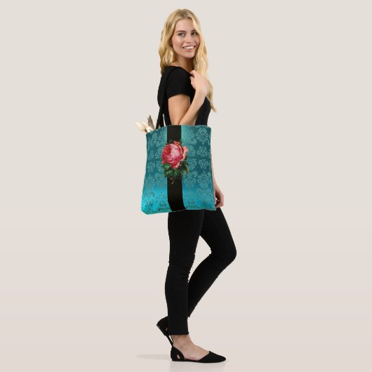 MOOIE ROZE ROOS BLAUWGROEN AQUA BLAUW ZWART DAMASK TOTE BAG (Op model)