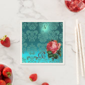 MOOIE ROZE ROOS, BLAUWGROEN BLAUW DAMASK MONOGRAM SERVETTEN (Insitu)