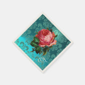 MOOIE ROZE ROOS, BLAUWGROEN BLAUW DAMASK MONOGRAM SERVETTEN (Hoek)