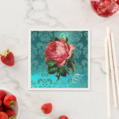 MOOIE ROZE ROOS, BLAUWGROEN BLAUW DAMASK MONOGRAM SERVETTEN (Insitu)