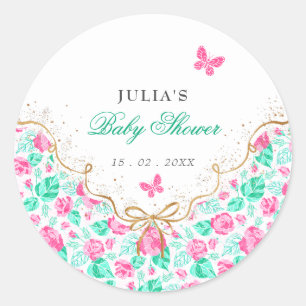 Mooie Roze Roos Bloem Gouden Lint Baby shower Ronde Sticker