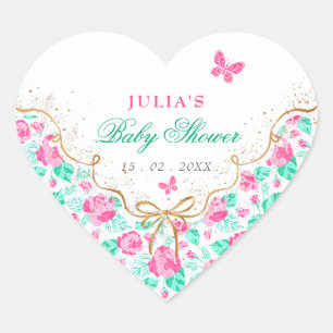 Mooie Roze Roos Bloem Gouden Strik Baby Shower Hart Sticker
