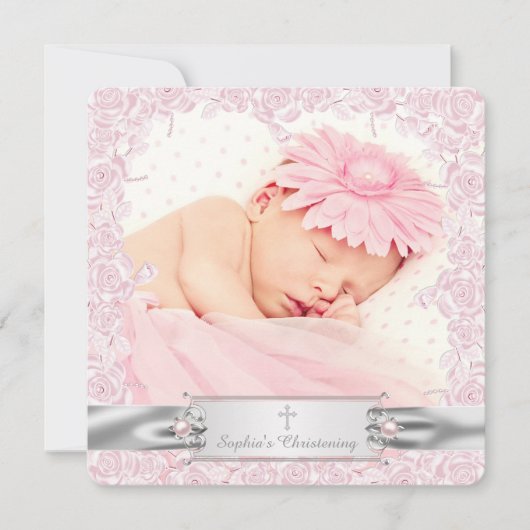 Mooie Roze Roos Doop Kaart (Voorkant)